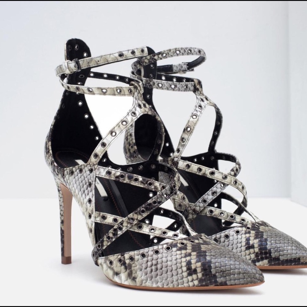ZARA POINT TOE SNAKESKIN HEELS
